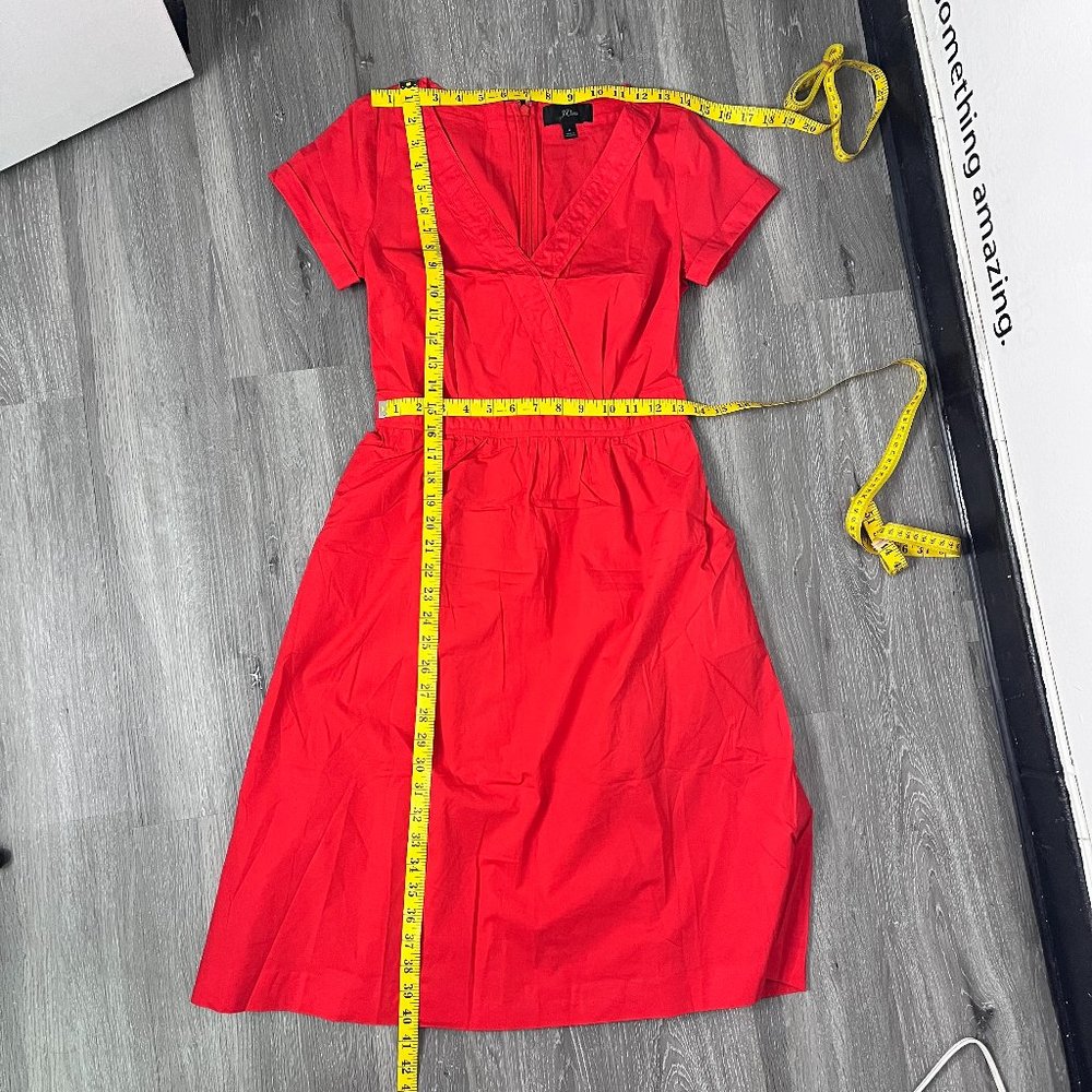 J. Crew Red Cotton V Neck Faux Wrap Poplin Midi Dress Size 2 - Picture 9 of 9